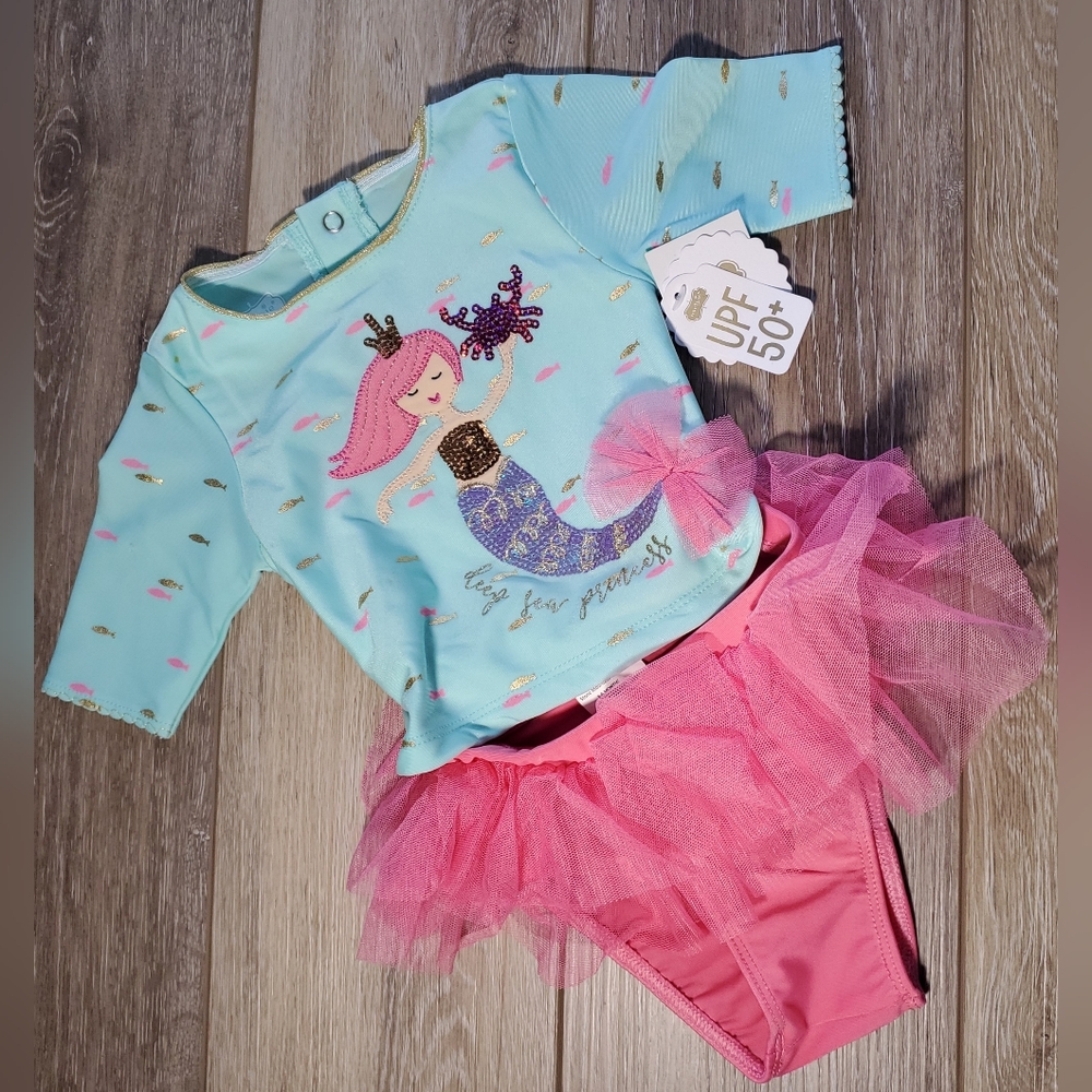 Mud Pie baby girl's 2 piece pink, blue  mermaid swimsuit Size 3-6 months